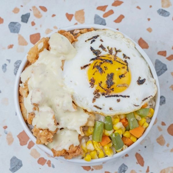 Squid Pop Rice Bowl with Salted Egg Sauce